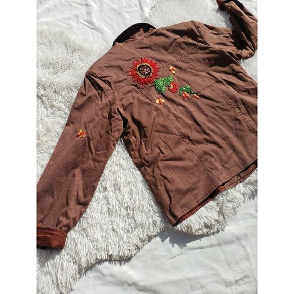 Vintage Jacket Embroidered Embellished Applique Sunflowers Floral Medium Brown - Picture 2 of 6